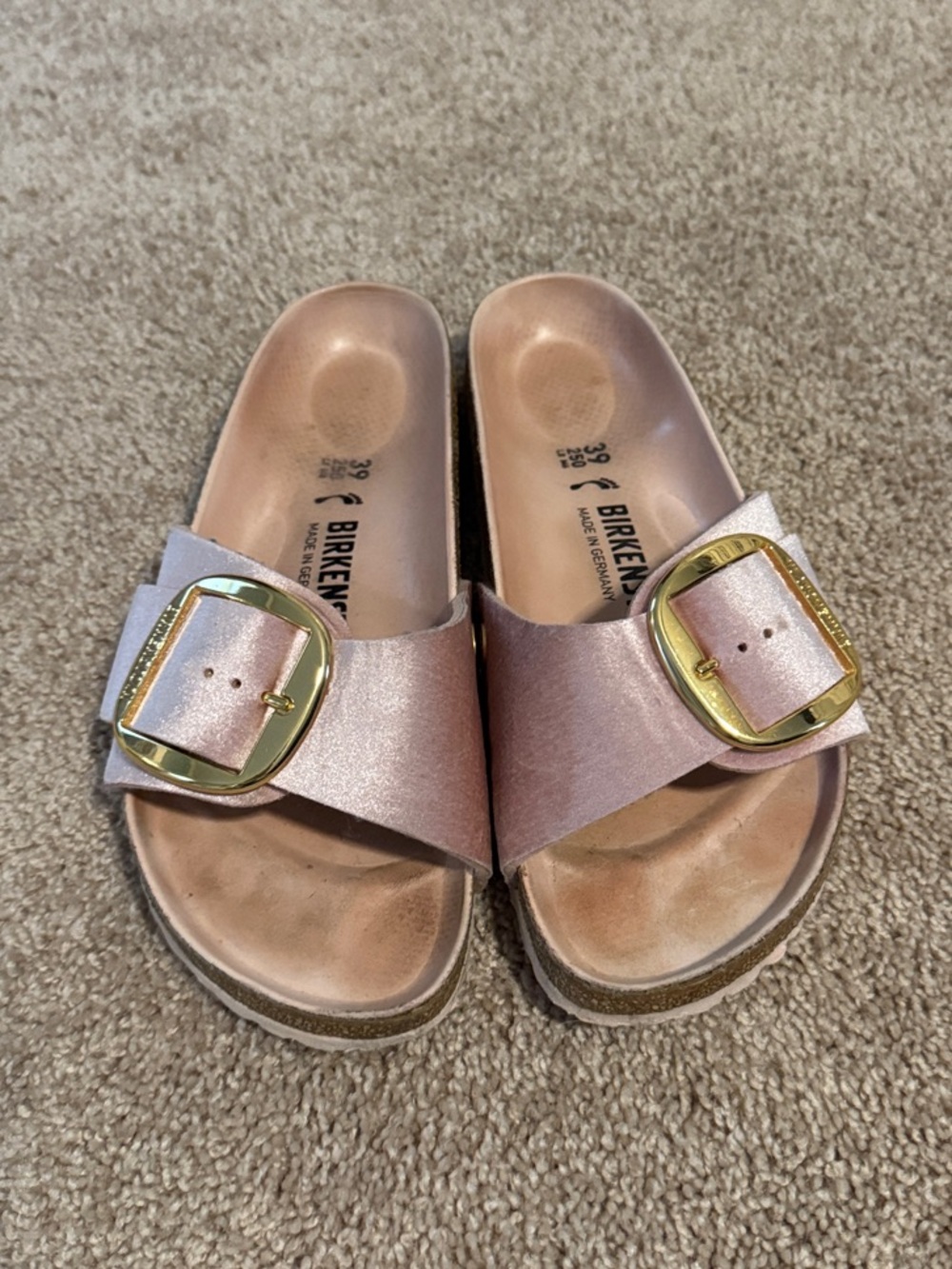 Birkenstock Metalic Rose Gold Single Strap Slide Sandals with Gold Buckles